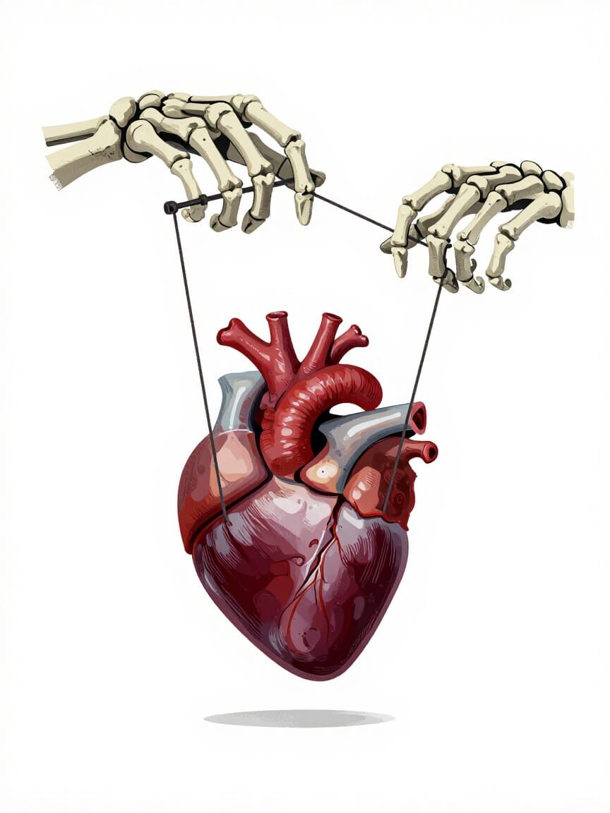Skeletal Hands Control Broken Heart in Dark Surrealism