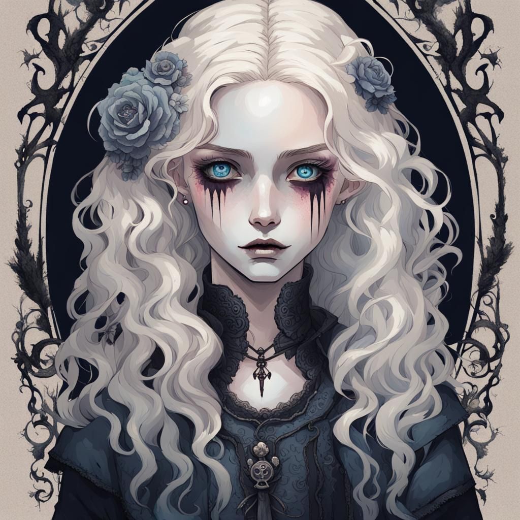 Gothic Horror Maiden with White Hair, Digital Art