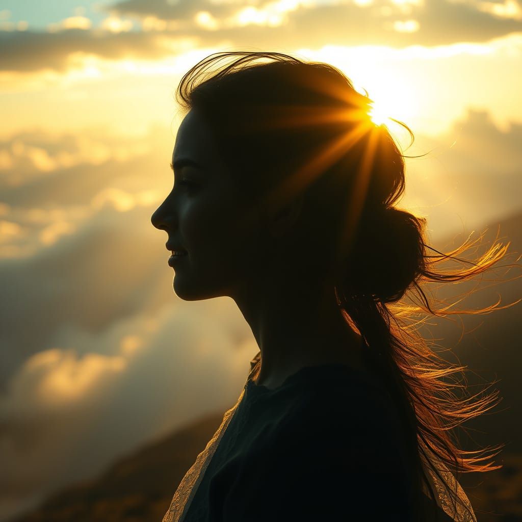 Surreal Woman's Dreamlike Portrait in a Golden, Cloudy Lands...