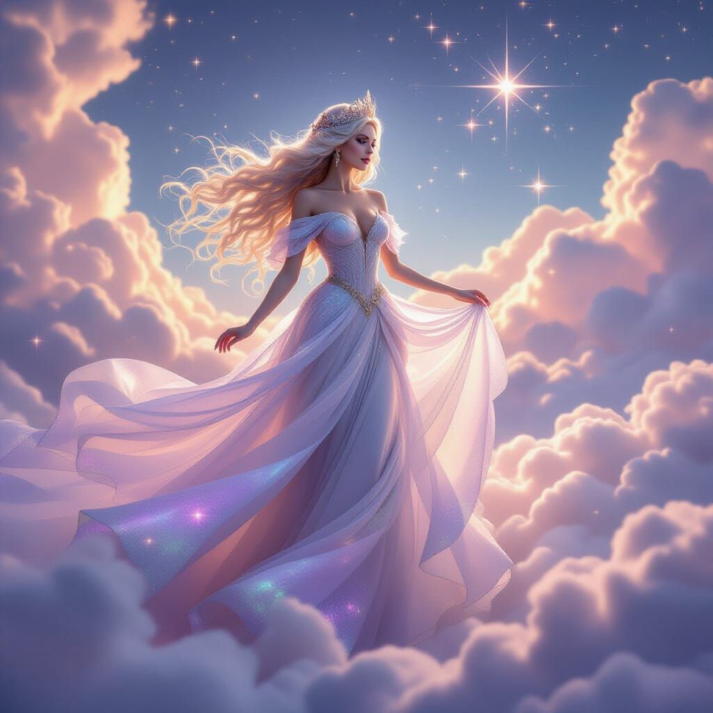 Ethereal Queen Floating in Starry Clouds, Pastel Magic Gown