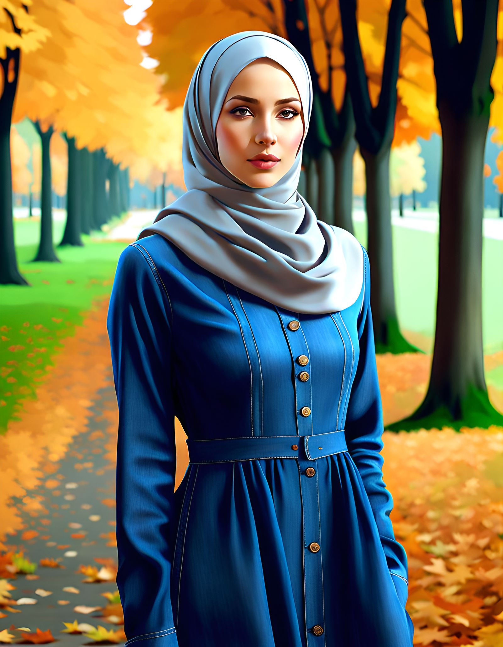 Modest Woman in Autumn Park: 8k Digital Art