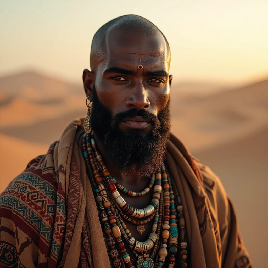 Bearded Black Man with Tribal Jewelry Portrait