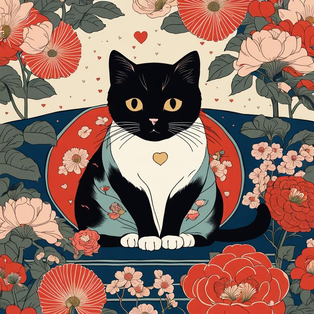 Cute Cat Surrounded by Flowers in Ukiyo-e Style