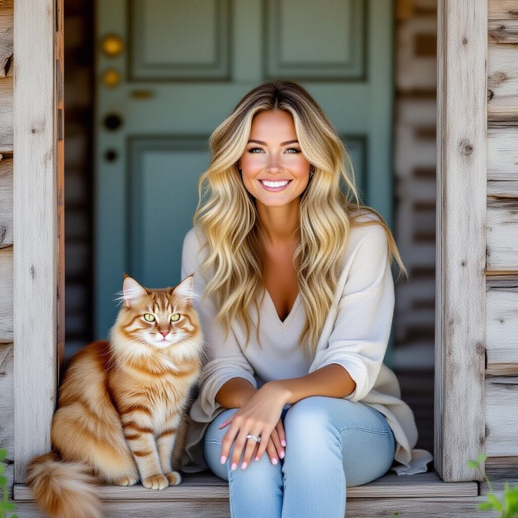 a blonde woman with wavy hair sitting on the doorstep of a wooden hut, accompanied by a joyful tabby cat. a dreamlike pa...