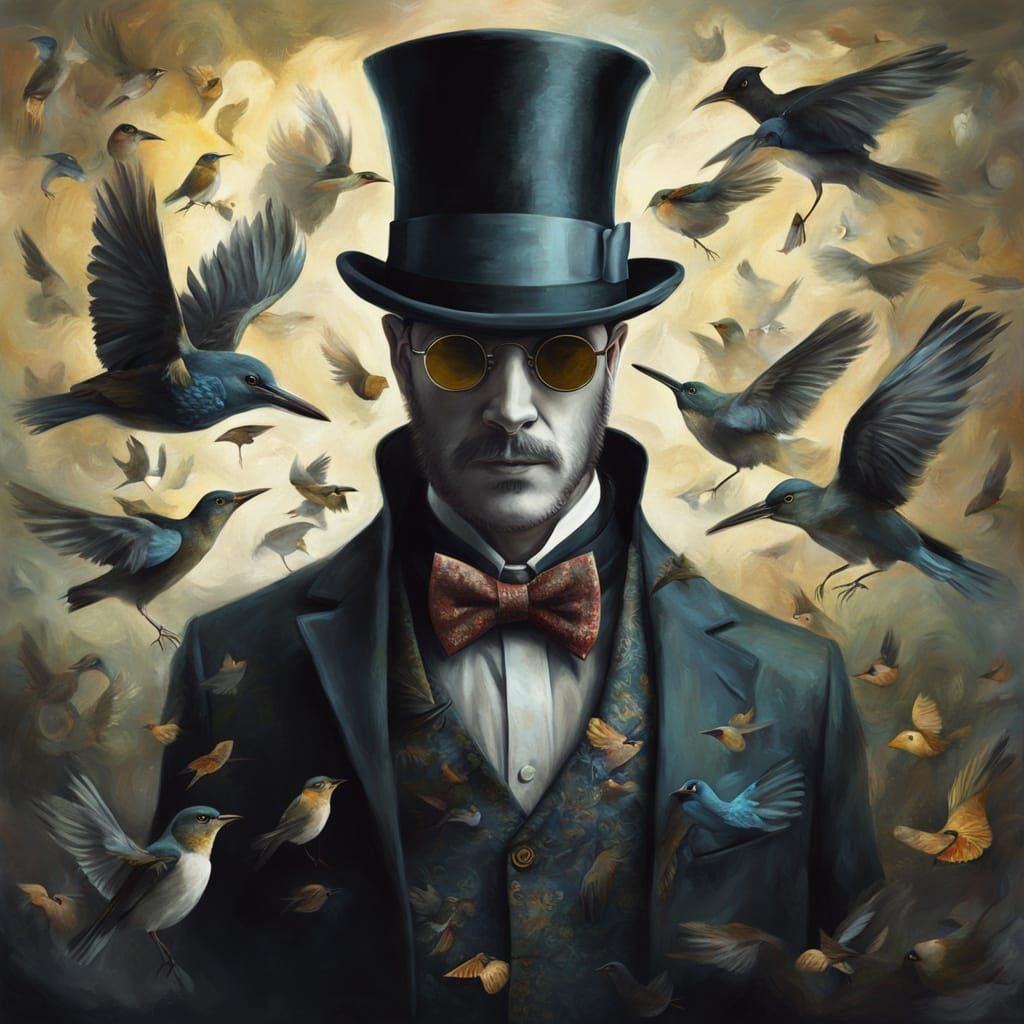 Gentleman's Hat Birds Emerge Surreal Oil Painting