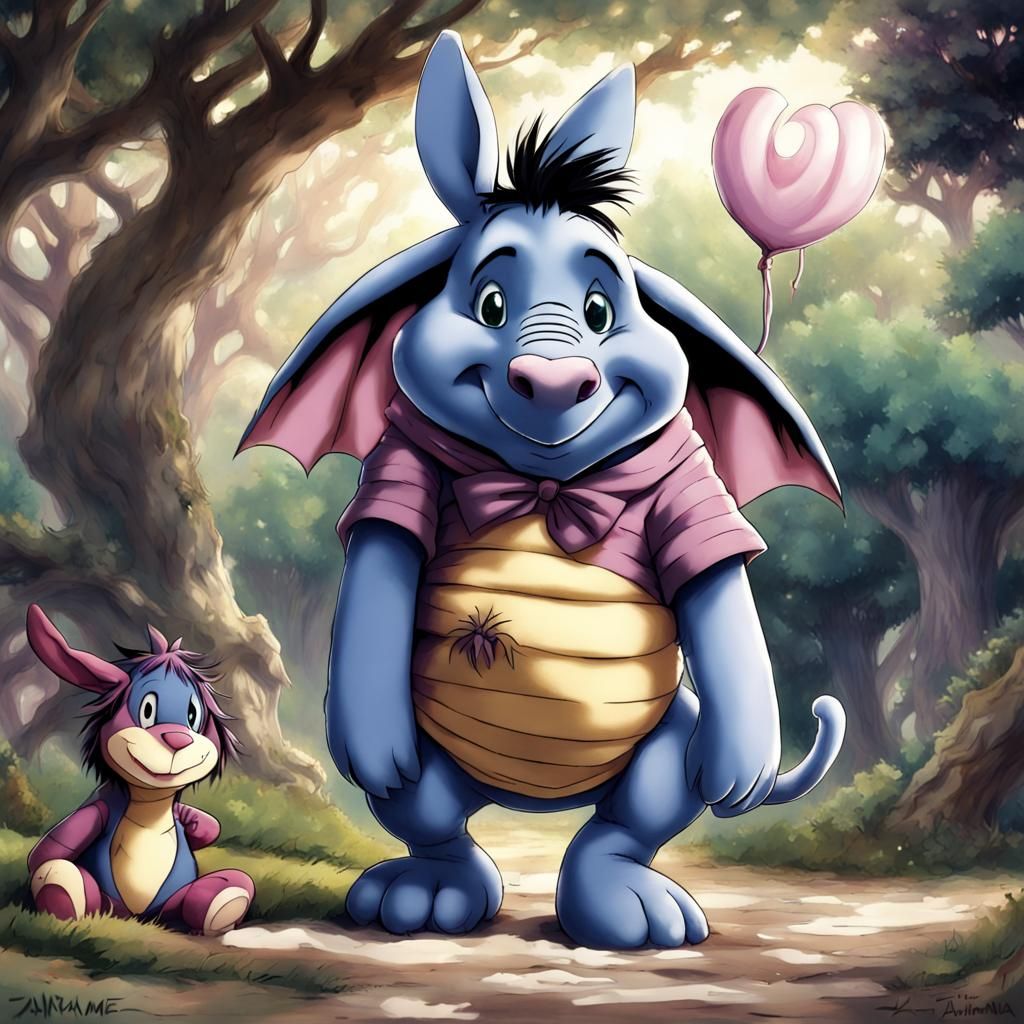 Eeyore Dragon and Cheshire Cat in Anime Style