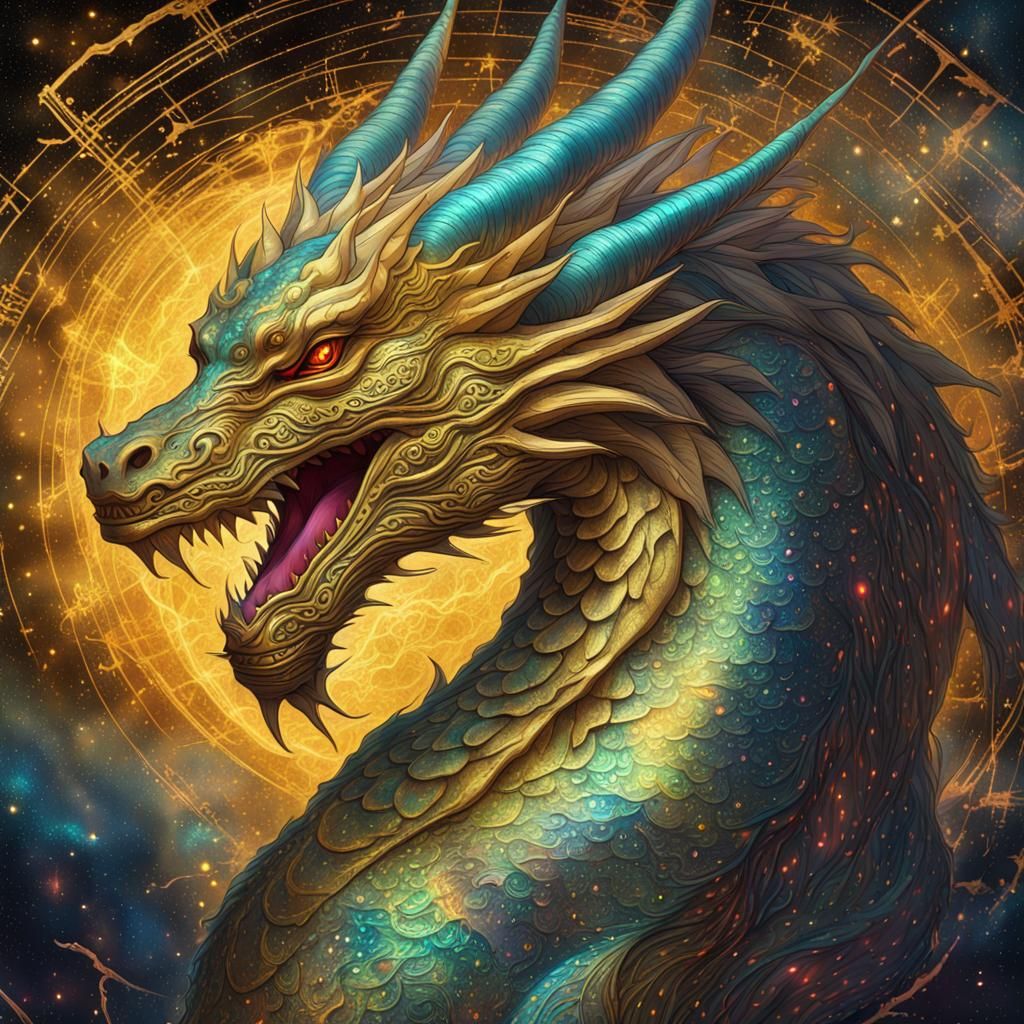 Golden Dragon in Holographic Astral Illustration