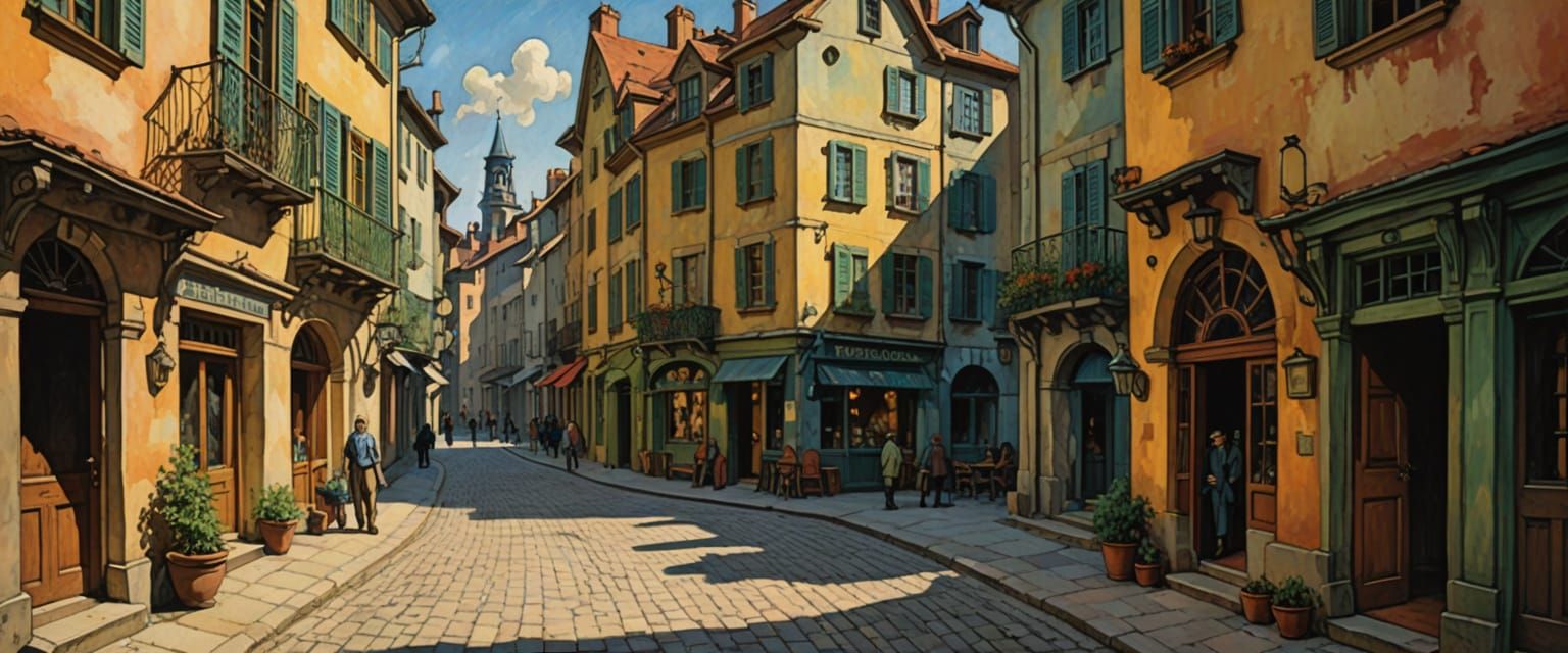 Diagon Alley in Art Nouveau Style with Bright Sunlight