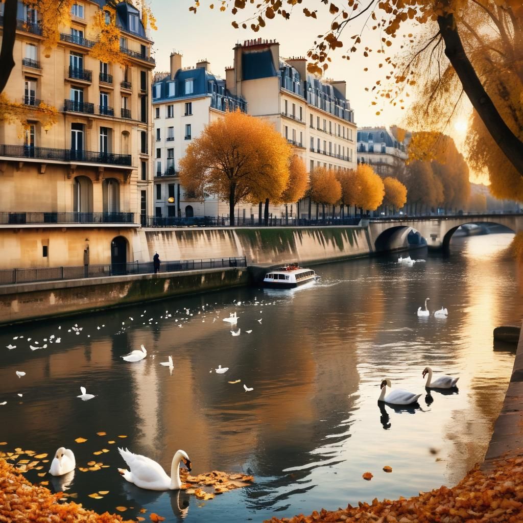 Autumn Seine River Cityscape with Golden Light