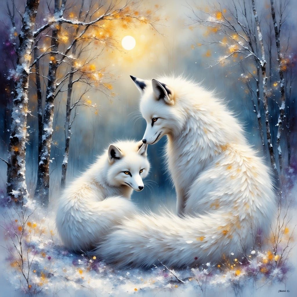 Elegant Arctic Fox Family in Snowy Forest