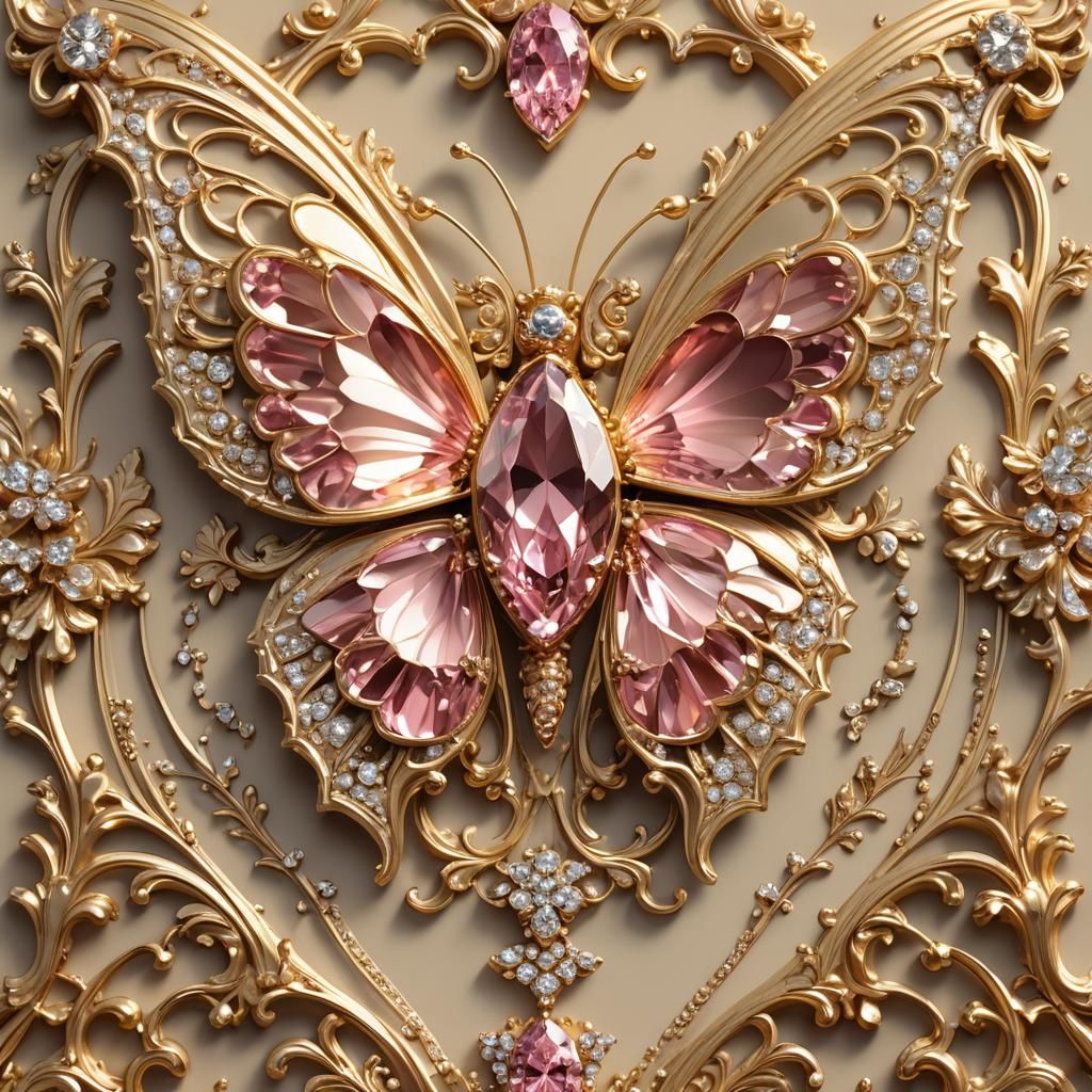 Baroque 3D Golden Emblem with Diamonds and Butterfly
