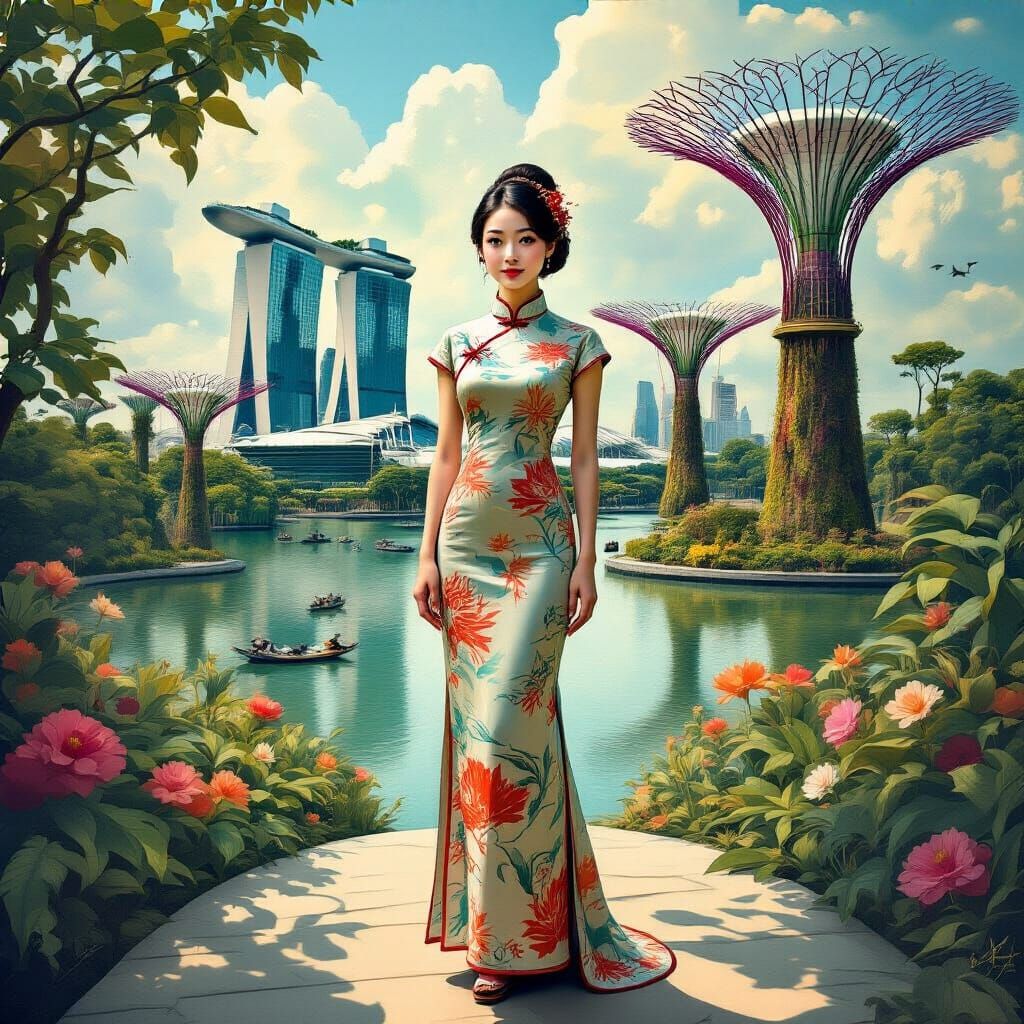 Singaporean Woman in Surreal Garden, Dali Style