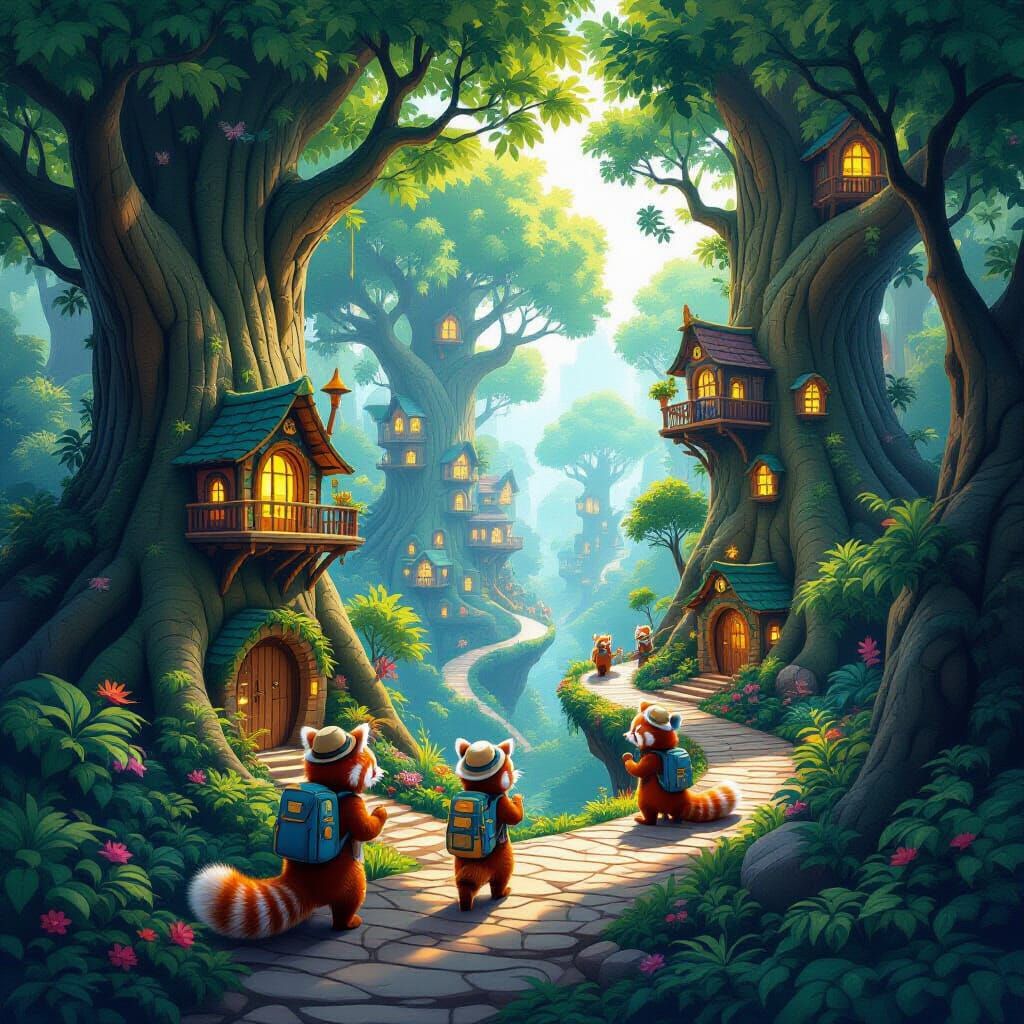 Whimsical City in Giant Trees with Red Pandas