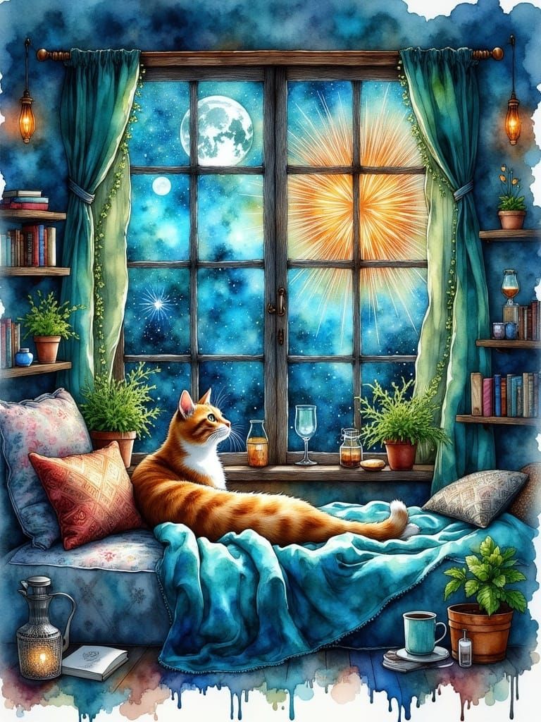 Bohemian Bedroom Fireworks in Watercolor Style