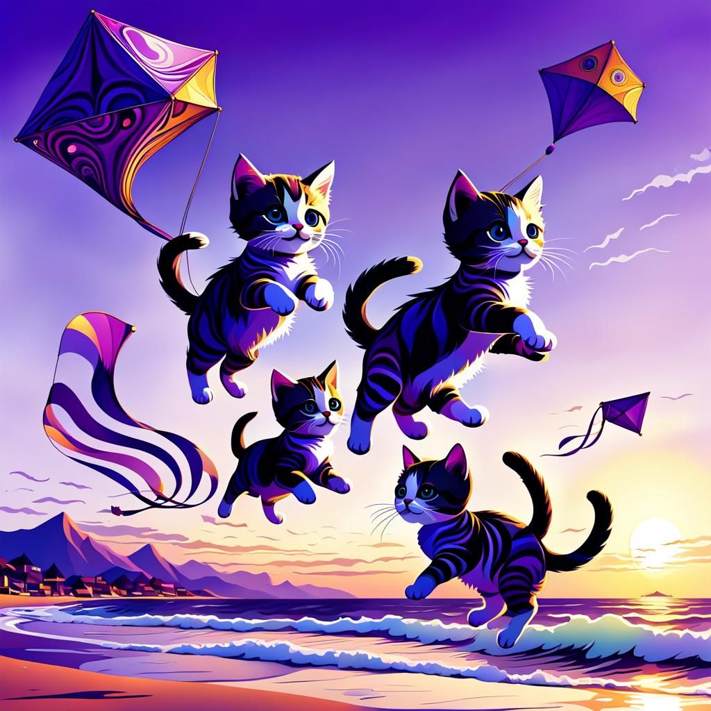 Kittens Flying Kite at Sunset in Abstract Style