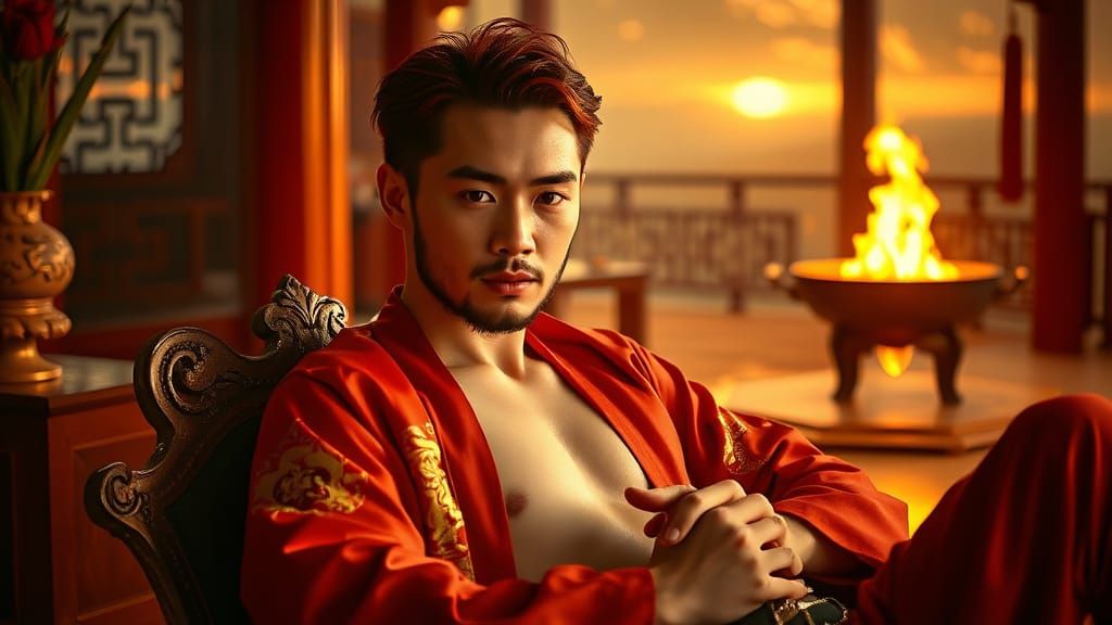 Red-Haired Man in Opulent Asian Palace