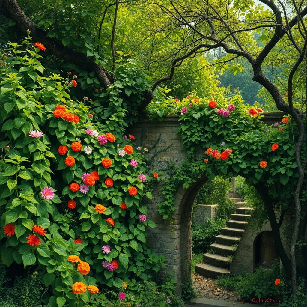 Dreamlike Garden Scene in Vibrant Greens and Colorful Wildfl...
