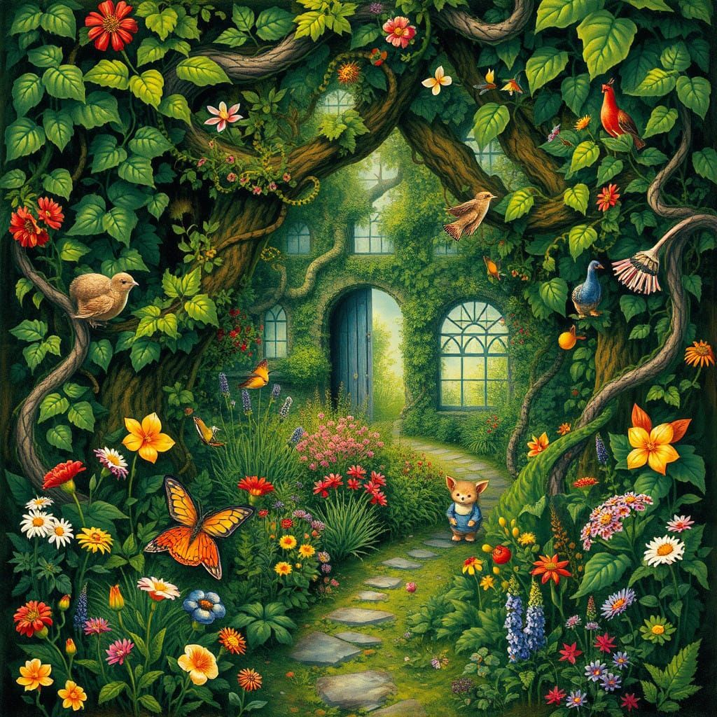 Whimsical, Overgrown Garden Scene