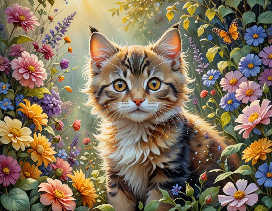 Whimsical Garden Scene with Tabby Kitten and Golden Puppy