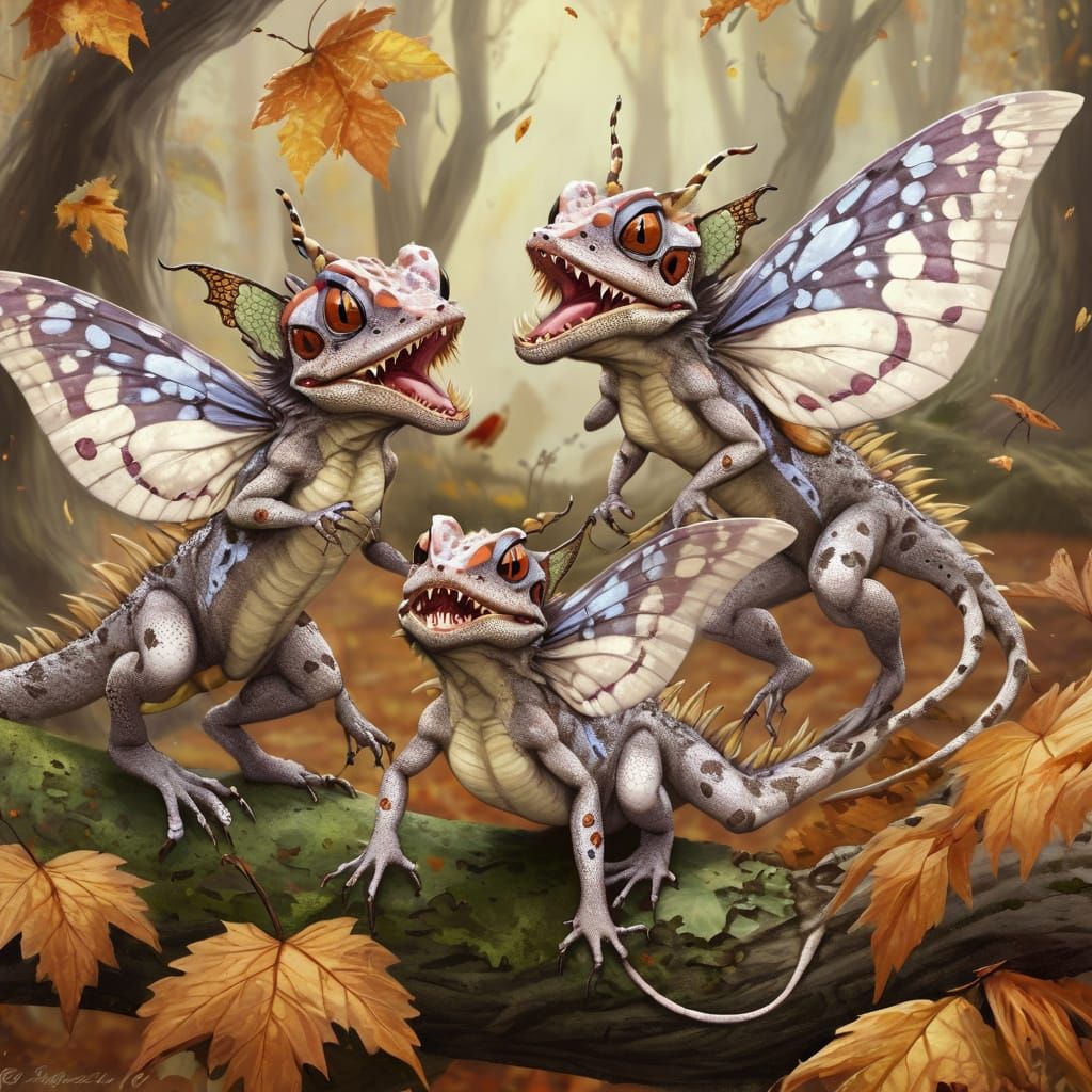 Delicate Asian Fae Taunting Lizard in Autumn Forest