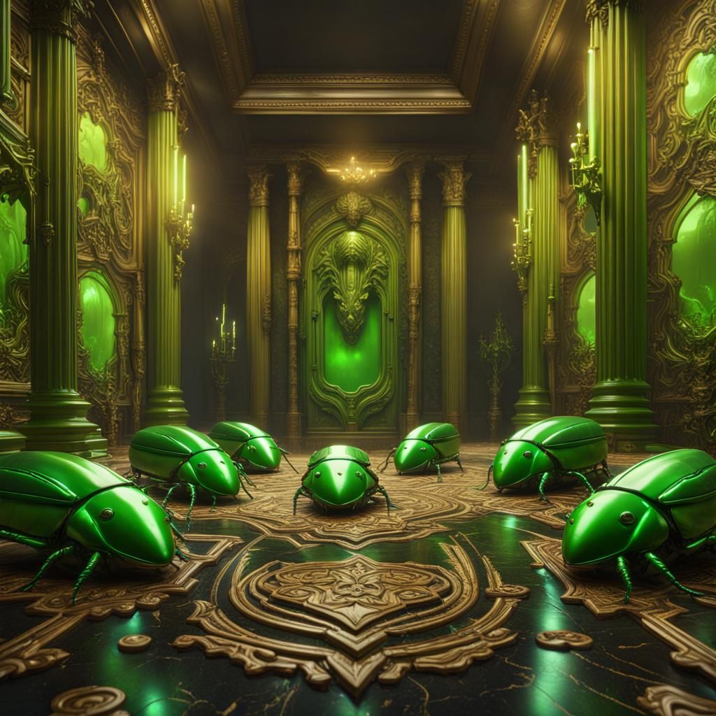 Giant Neon Green Cockroaches on Marble Carpet