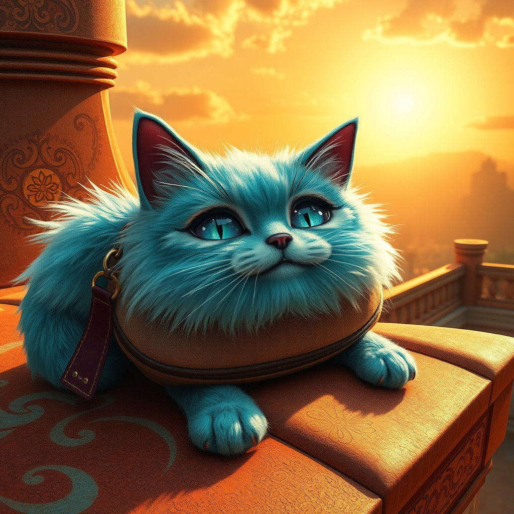 Fuzzy Cat Bag with Turquoise Fur on Rooftop