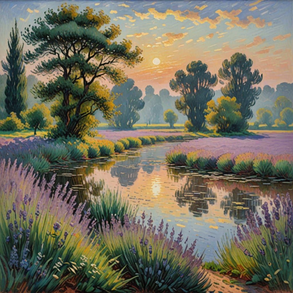 Impressionist Lavender Landscape with Soft Pastel Mist