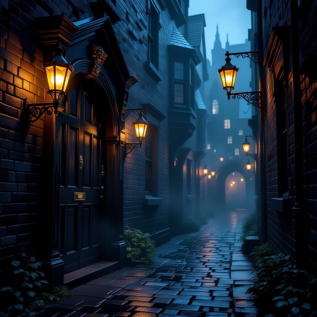 Mysterious Victorian Alley with Eerie Gaslight Glow