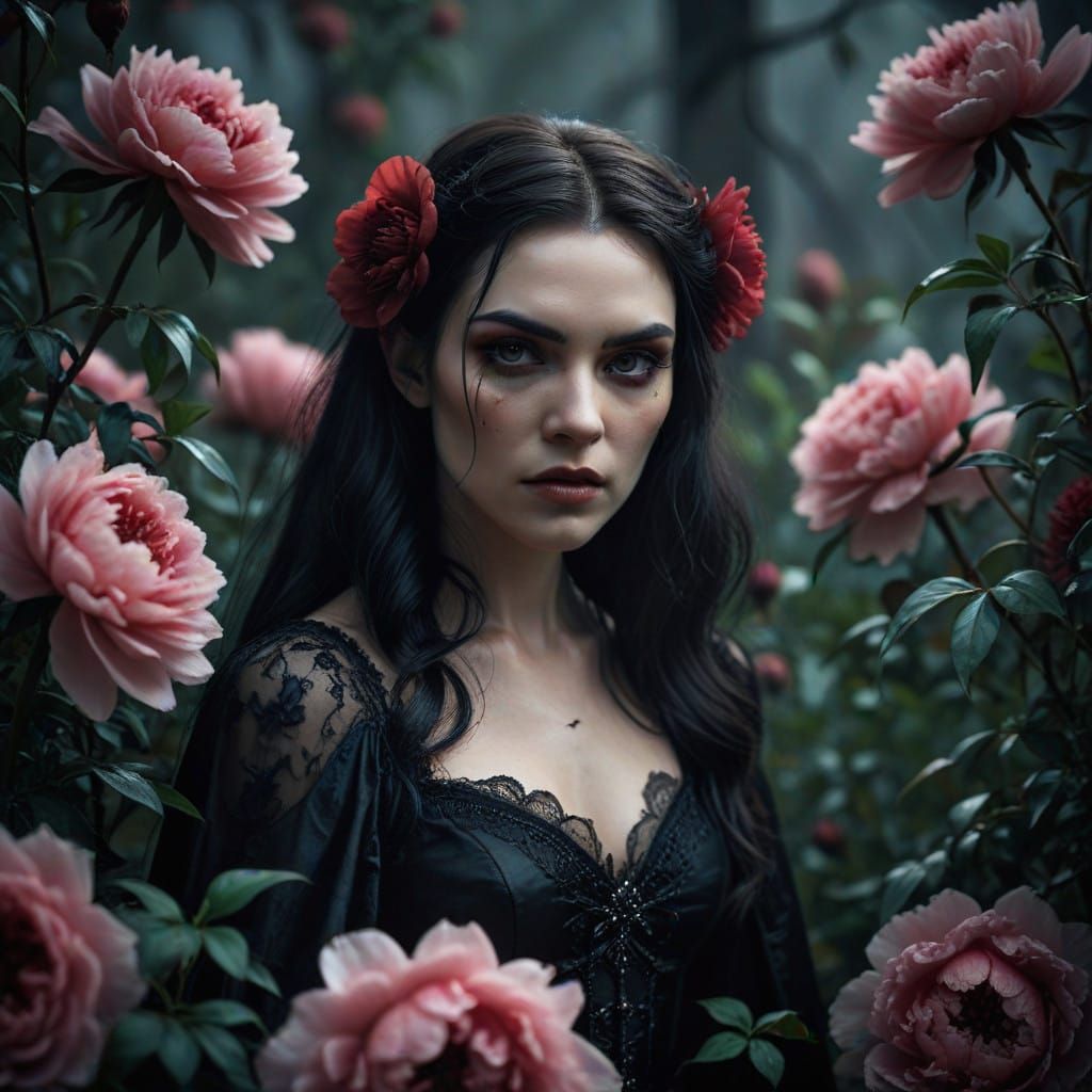 Gothic Vampire Maiden in a Peony Field