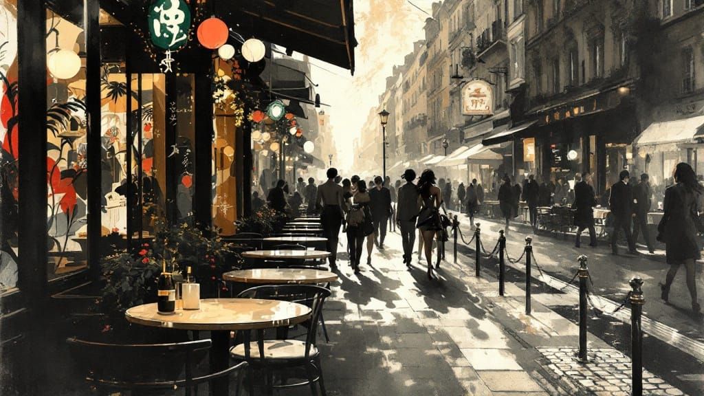 Elegant Woman in Parisian Café, Nighttime Seoul Landscape