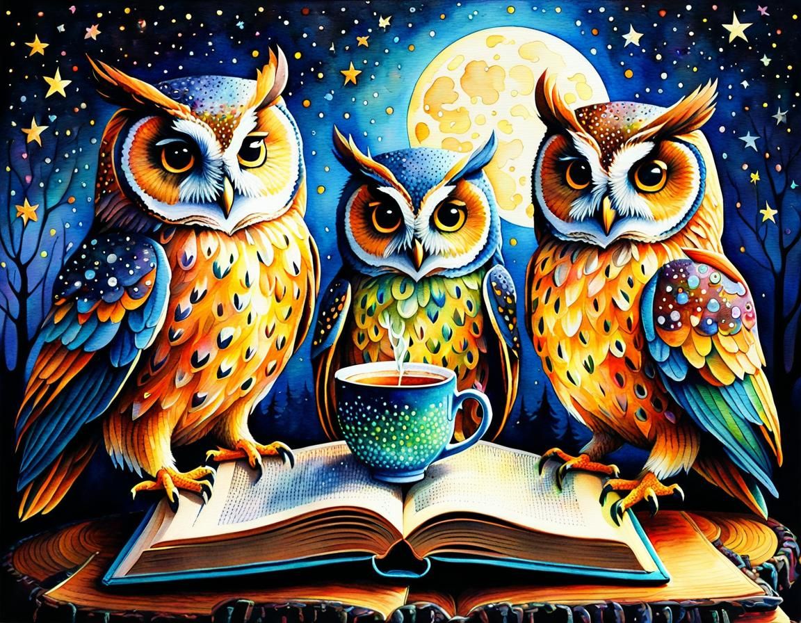 Magical Owl Family Tea Party in Pointillist Watercolor