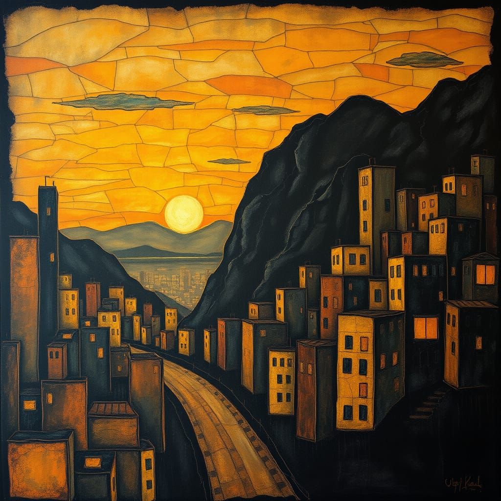 Mosaic Cityscape in Chalk with Impasto Texture