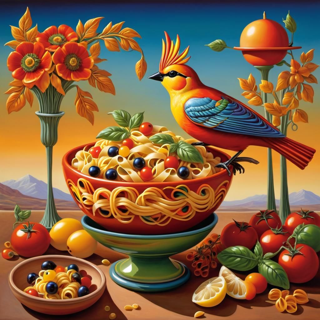 Pasta Dish with Bird, in Chris Mars Style