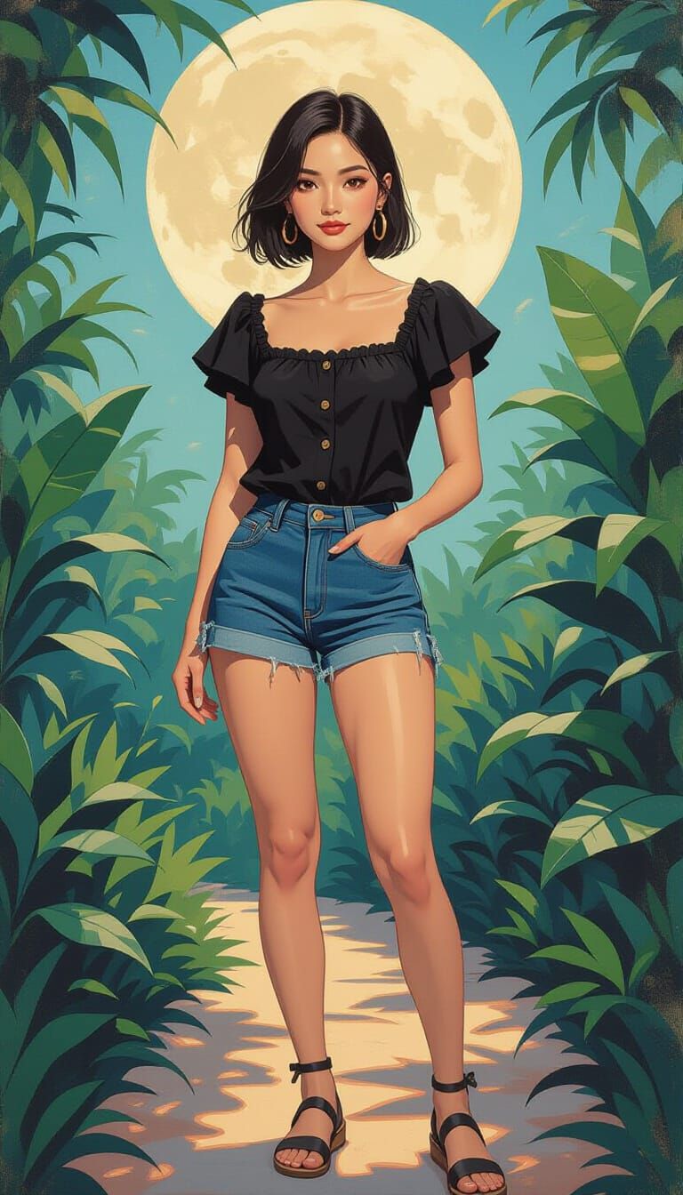 Thai Woman in Gouache Style, Dreamy Moon Rabbit Scene