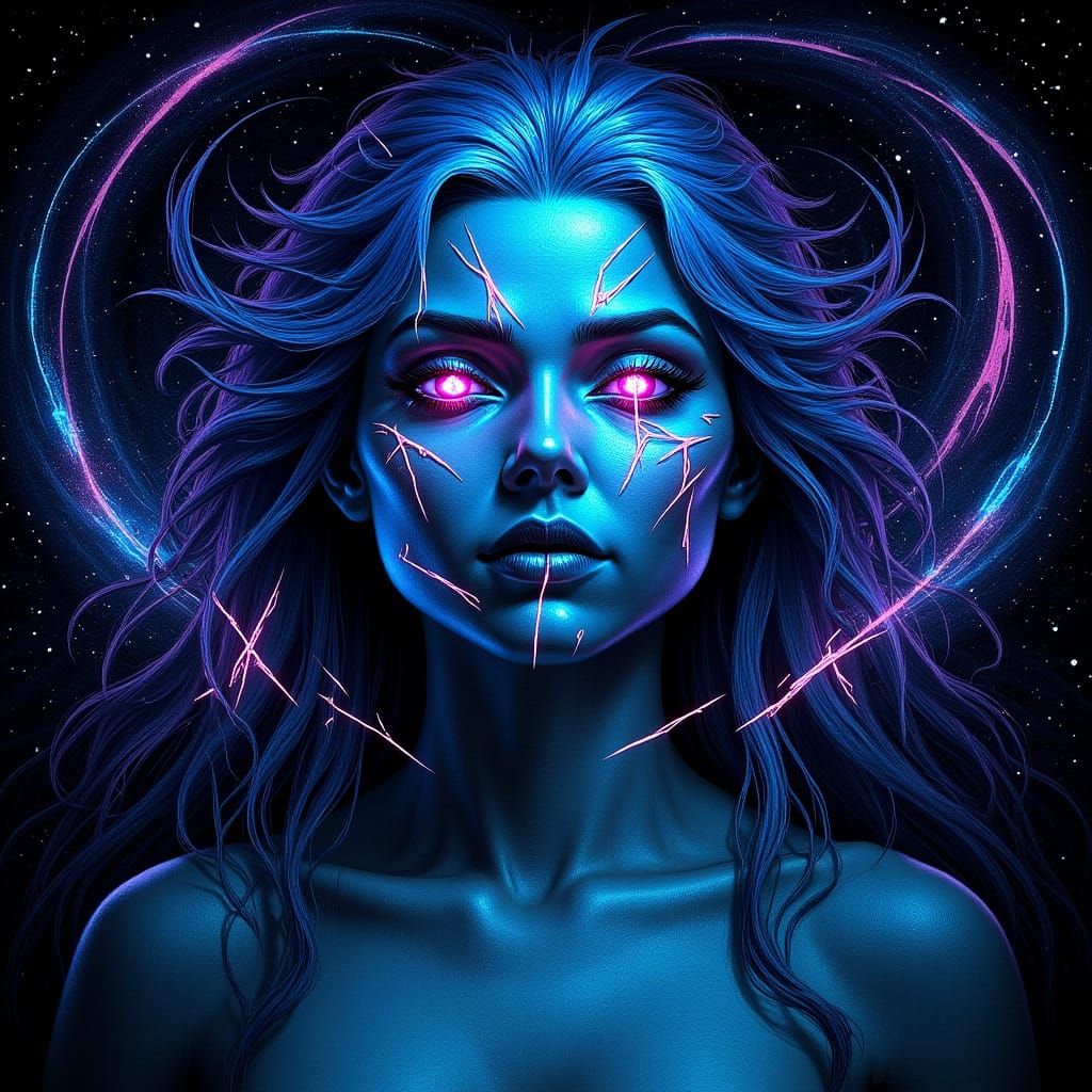 Bioluminescent Woman with Digital Glitches, Mucha Style