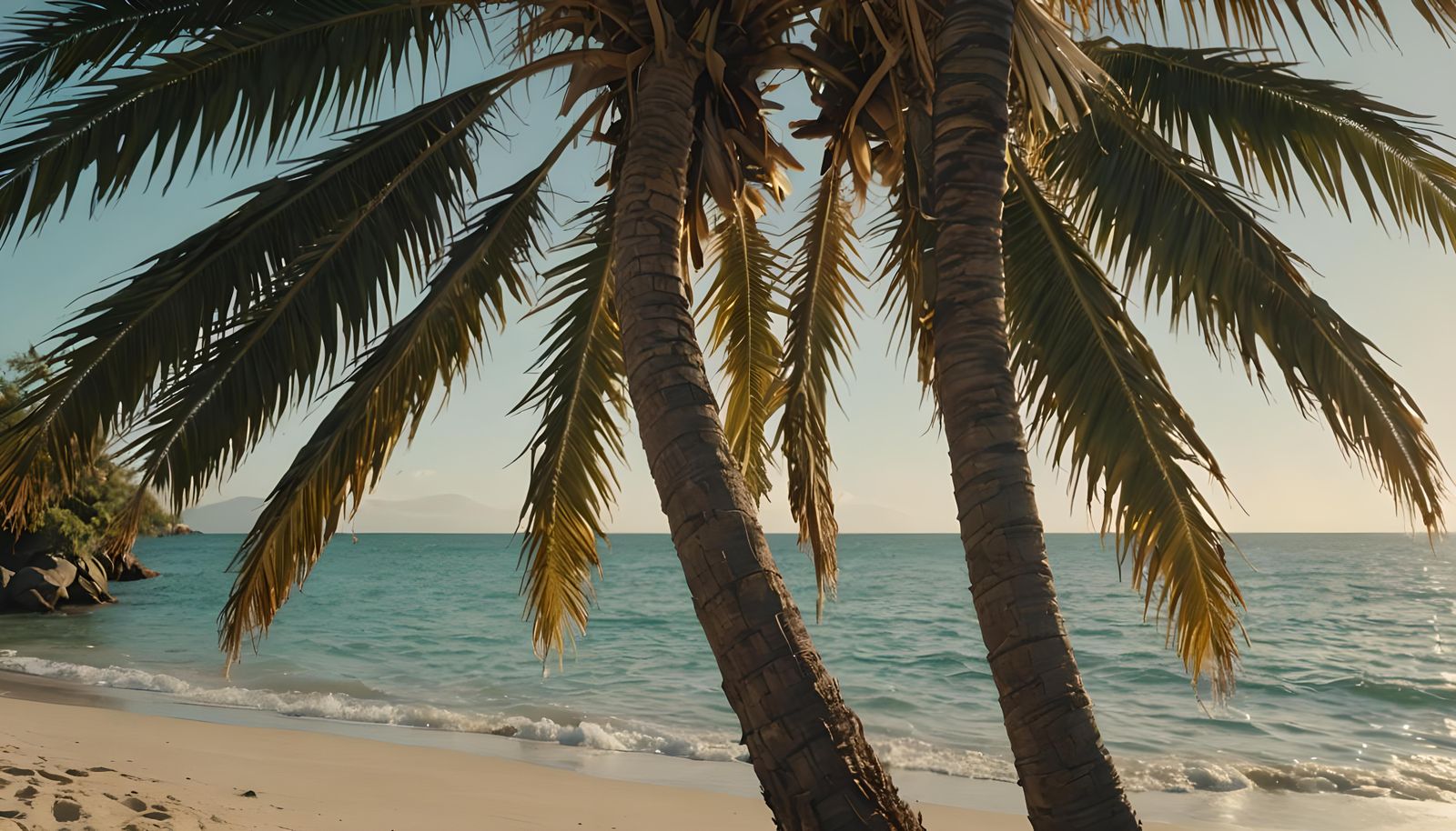 Paradise Beach with Swaying Palm Tree in Hyperrealistic Styl...
