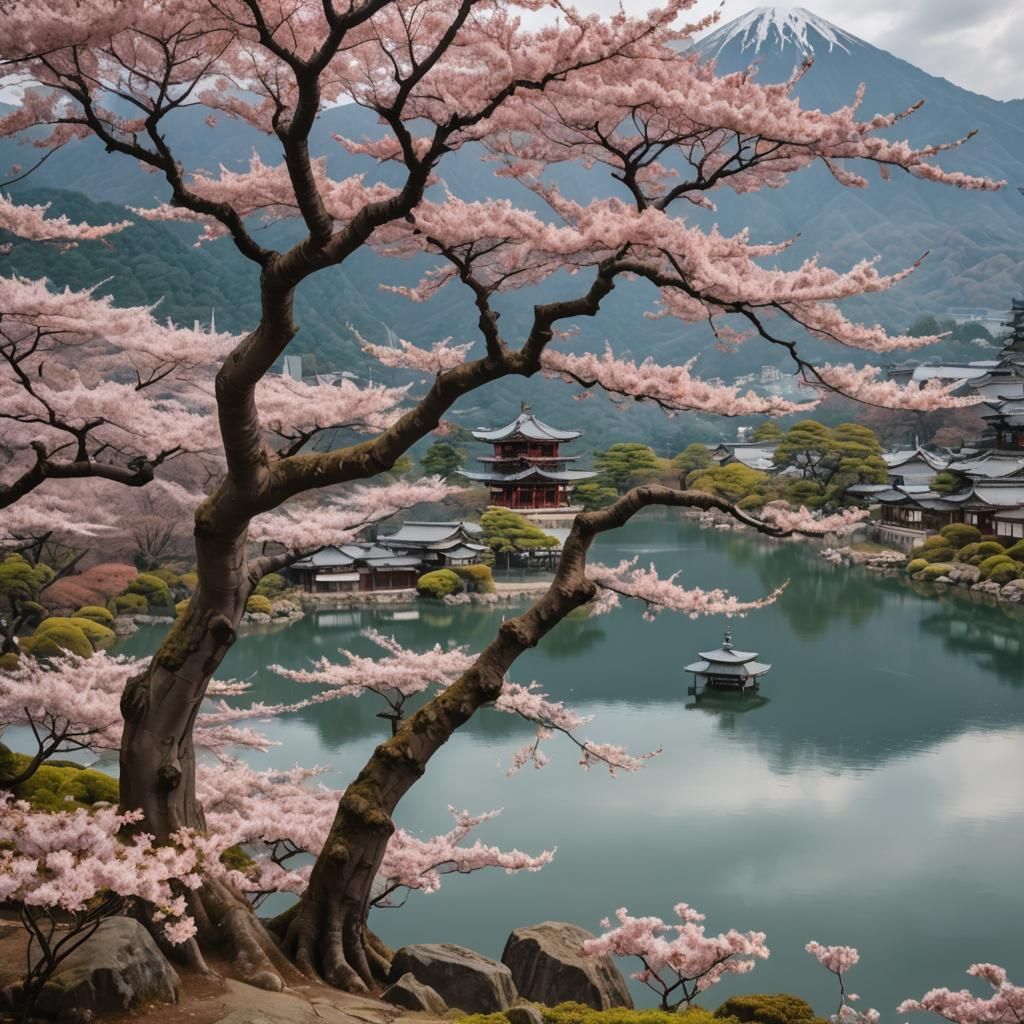 Un hermoso árbol de sakura antiguo frente a un lago. Montaña...
