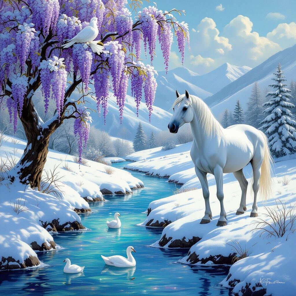 Majestic Winter Stallion with Woman in Snowy Landscape