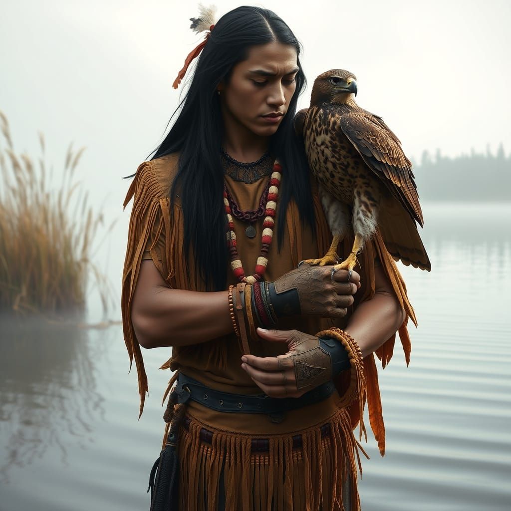 Native American Warrior in Serene Lake Landscape at Dawn
