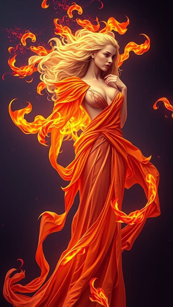 Dark Fantasy Sorceress in a Gown of Dancing Flames