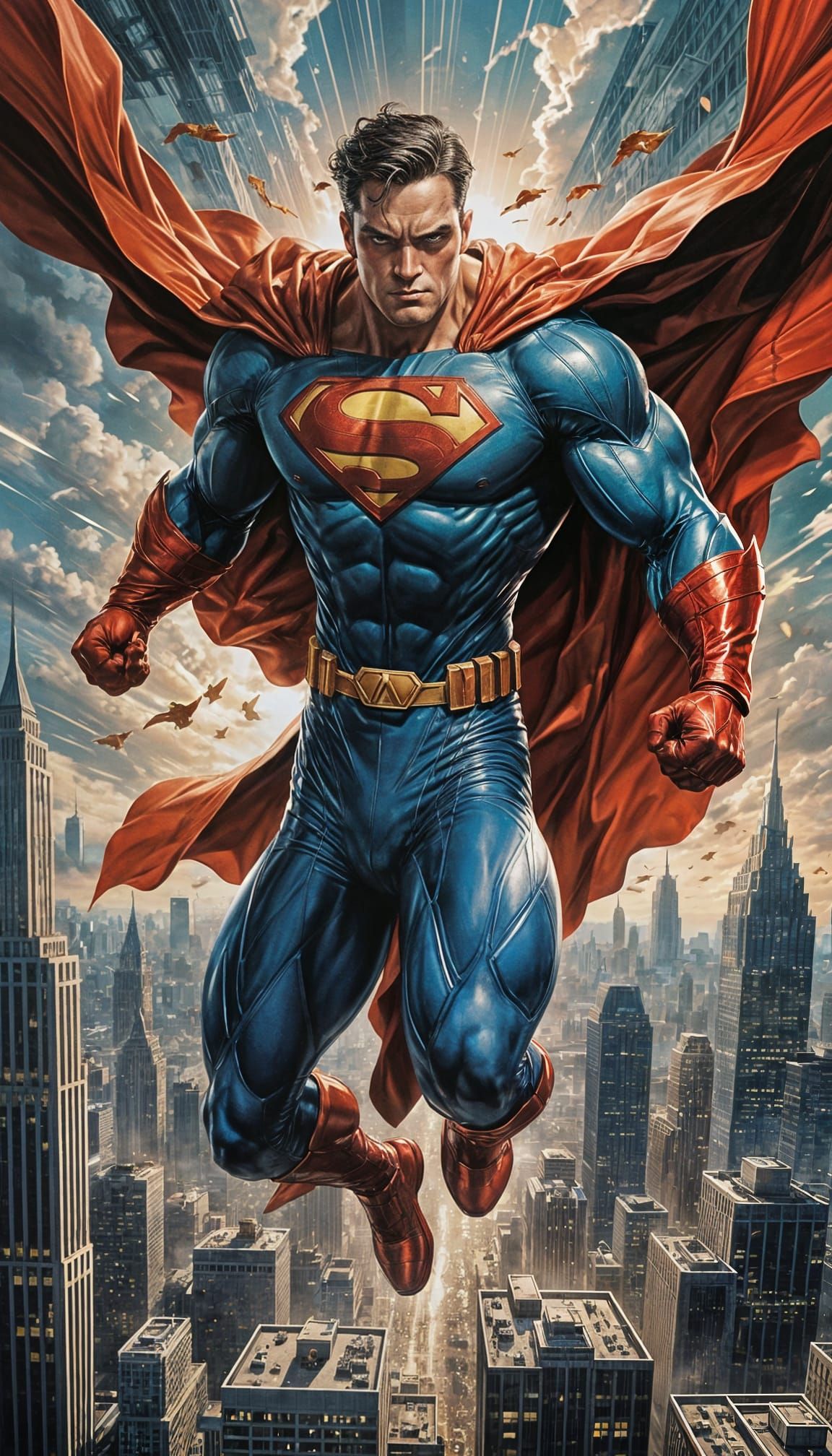 Superhero Soars Through the Sky in Dynamic Comic Book Style