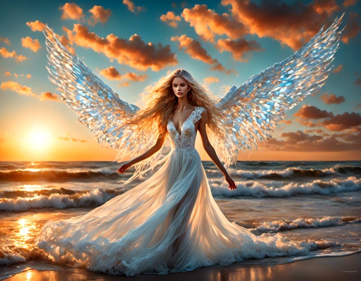 Ethereal Angel on Magical Beach at Sunrise