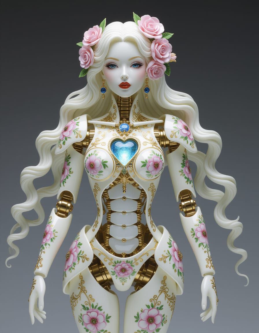 Futuristic Porcelain Goddess Sculpture in Rococo Biomech Sty...