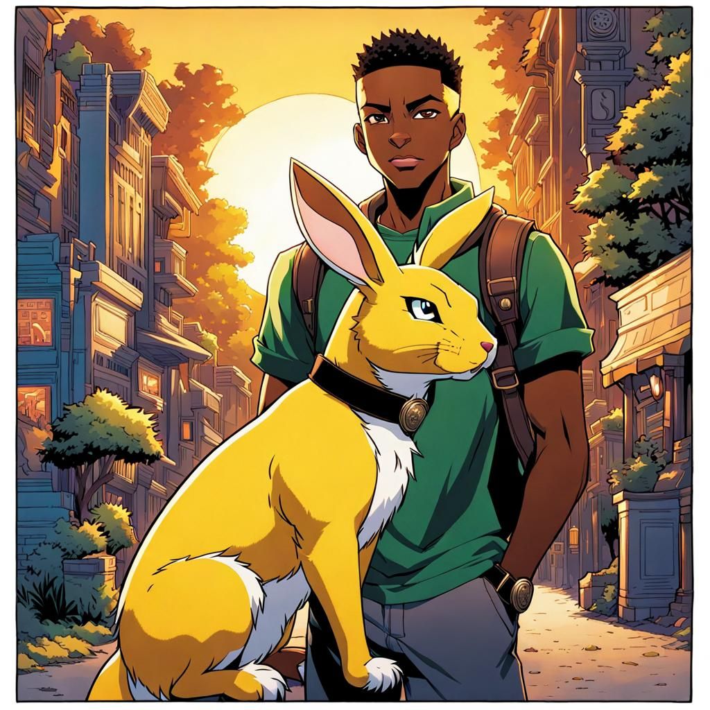 Black Man and Terriermon at Sunset: Comic Book Art