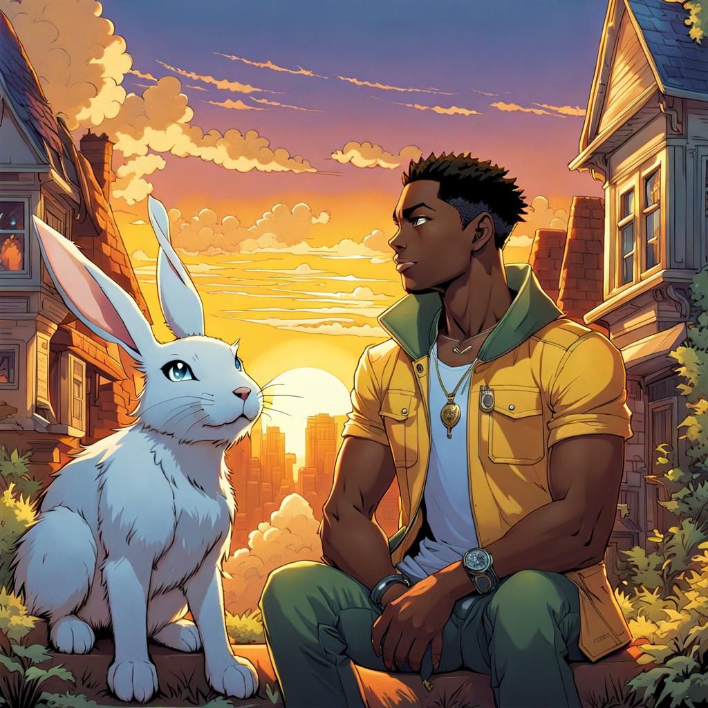 Black Man with Terriermon at Sunset, Comic Book Art