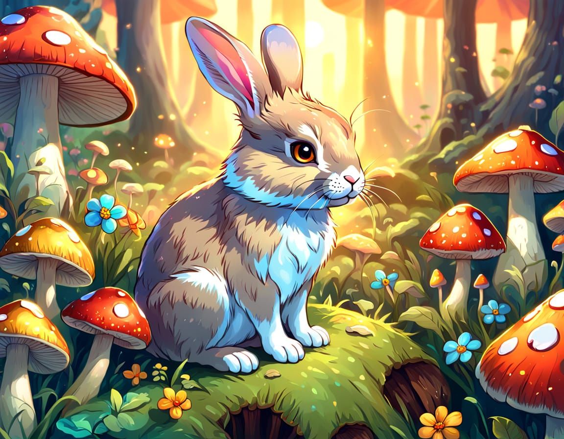 Whimsical Bunny on Mushroom in Vibrant Digital Art
