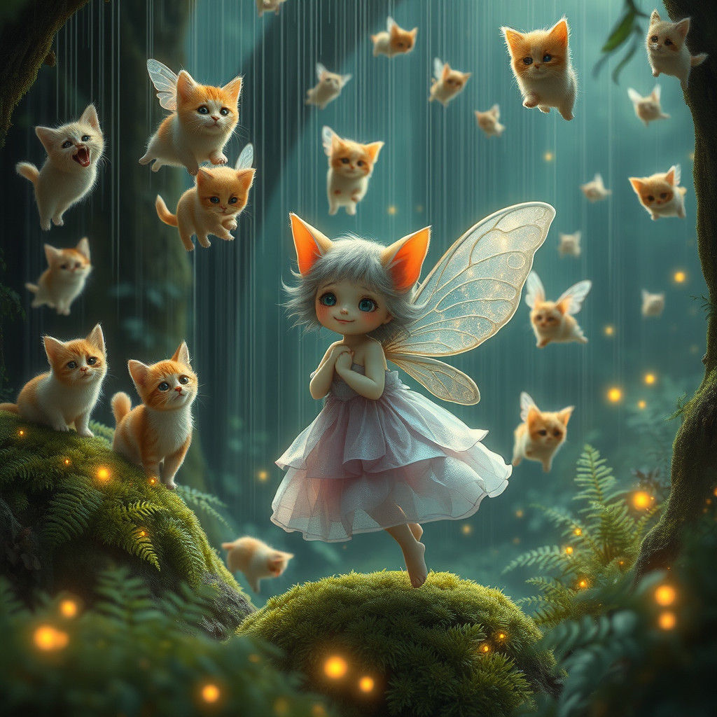 Cats and Dogs Rain on Fairy in Mystical Forest