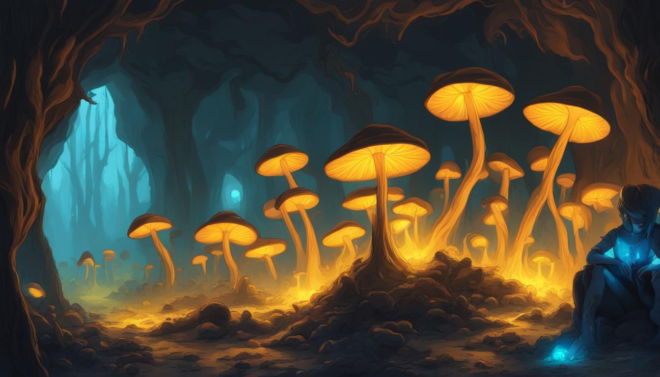 Blue Mushroom Cave with Shadow Figure