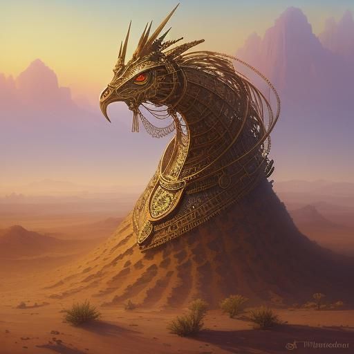 Steampunk Automaton in Ancient Desert Landscape