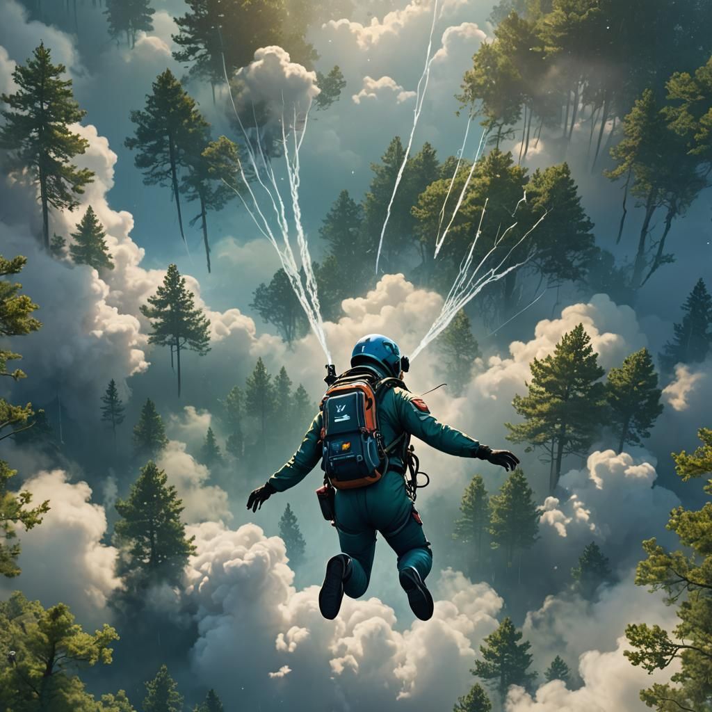 Skydiver Descends Through Mystical Forest: Fantasy Art